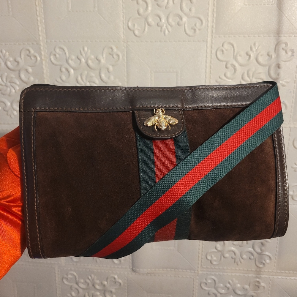 GUCCI SHERRY WEB BEE OPHIDIA CLUTCH  Dark BROWN SUEDE 2 WAY BAG AUTHENTIC